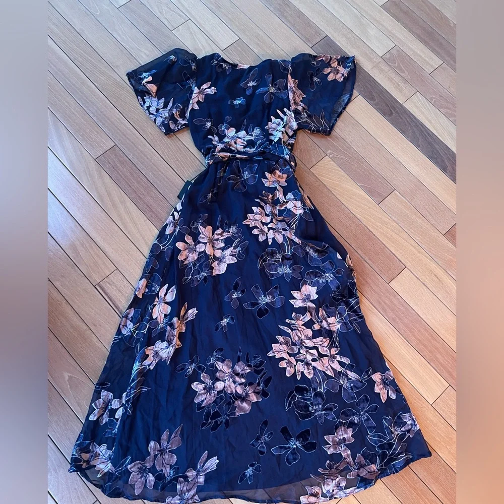 Lulus Navy Floral High Low Feminine Flowy Midi Dress Velvet Detail | Small NWT